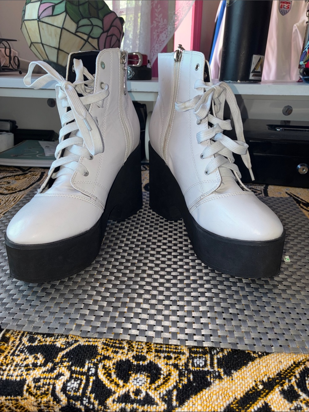 Iron Fist White Platform Lace-Up Ankle Boots with Black Sole